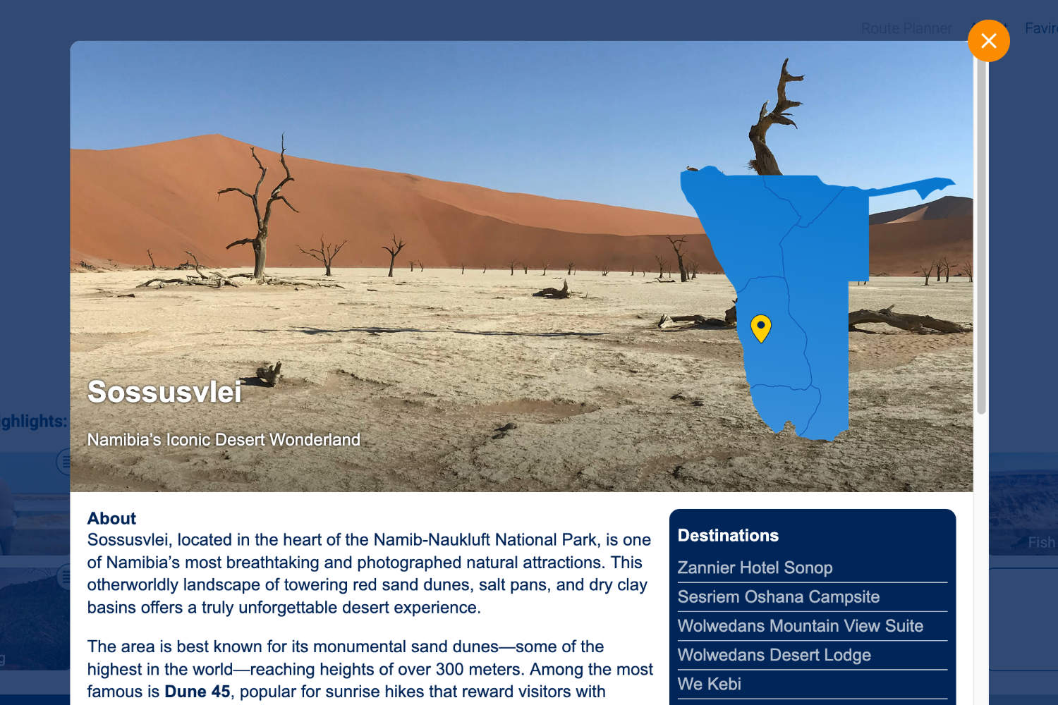 Screenshot showing details about Sossusvlei, Namibia