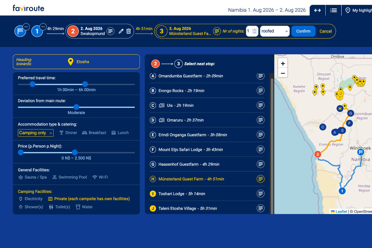 Screenshot of the Faviroute Route Planner Interface